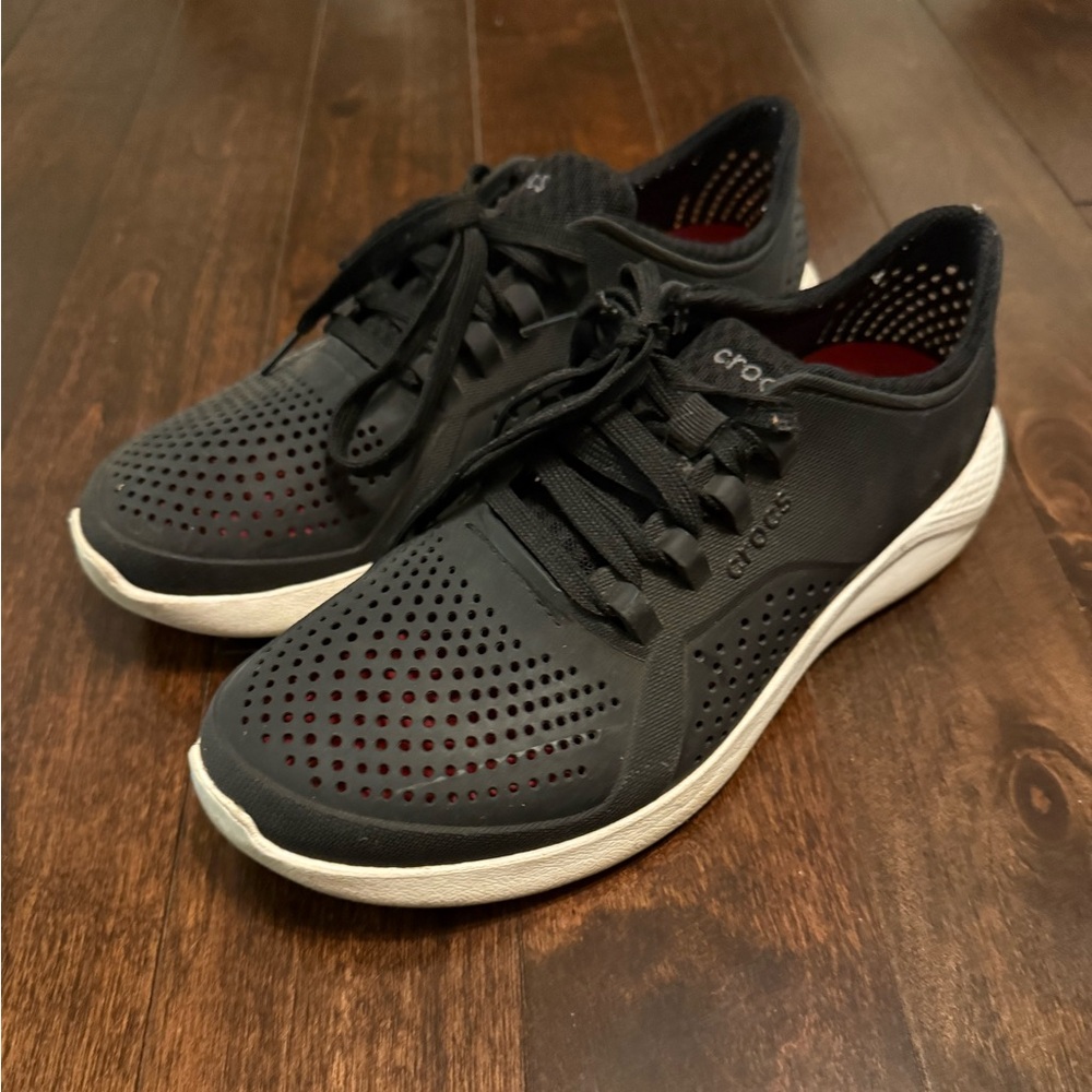 CROCS Black Perforated Sneakers with White Soles